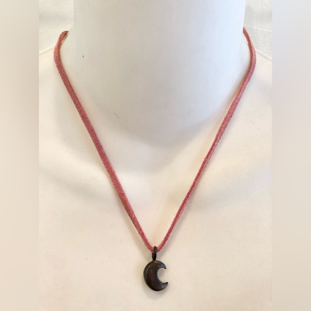 16” CLIO BLUE Sterling Silver Crescent Moon Pendant on Pink Faux Suede Necklace